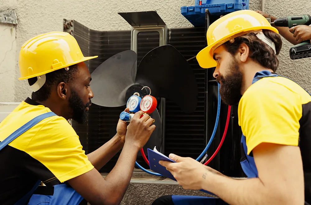 hvac-efficiency two workers checking pressure levels in a hvac unit