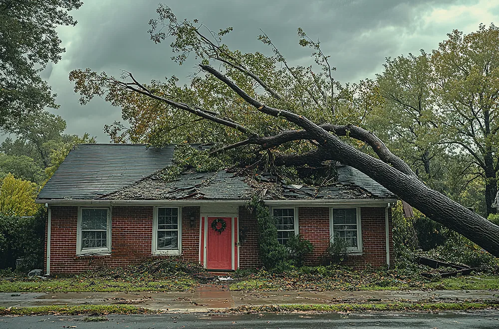 a tree fallen on a houses roof