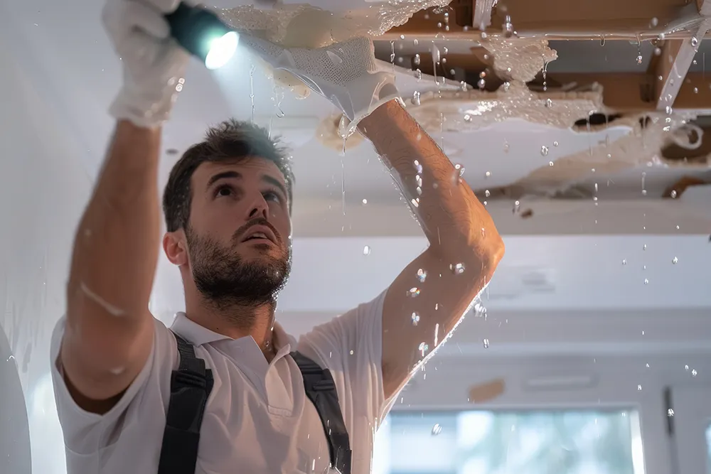 person working on a damaged roof