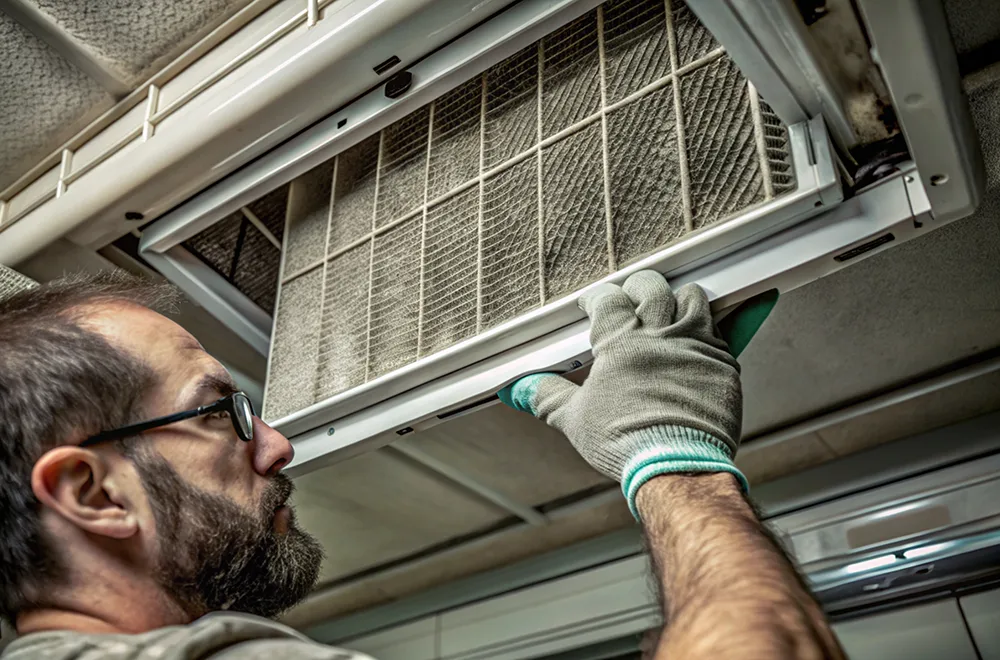 hvac an hvac worker examining the filter of a HVAC unit