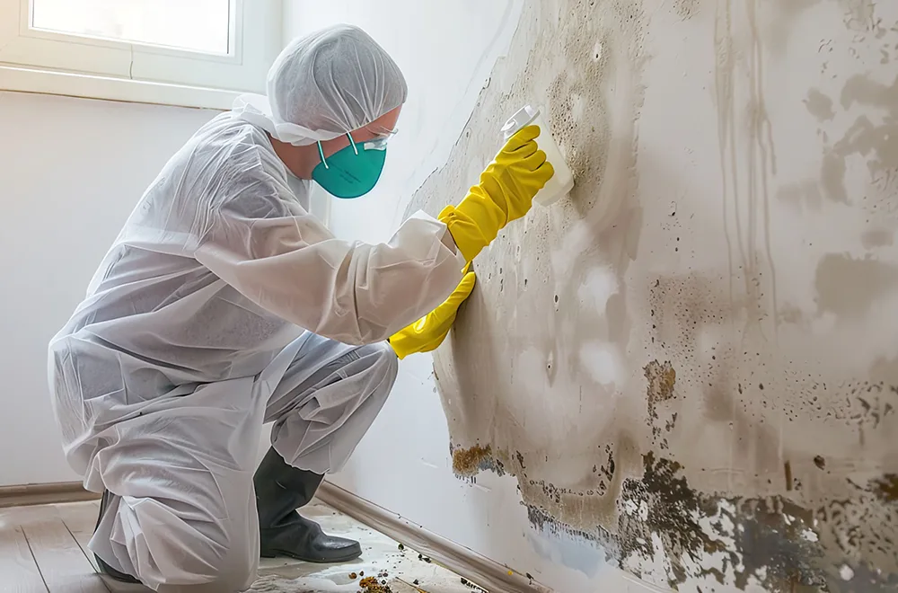 mold-removal-worker man removing mold from a wall