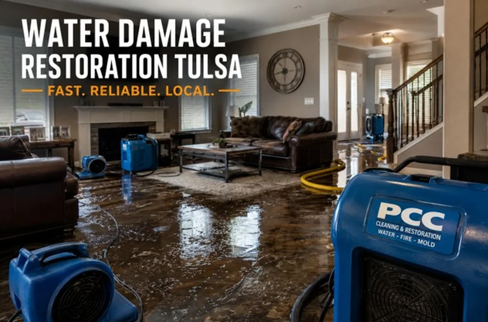 flooded living room with PCC air movers and a dehumidifier drying the floor