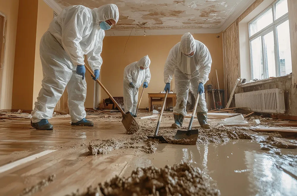 residential-flood-damage a cleanup crew working in a house to fix flood damage