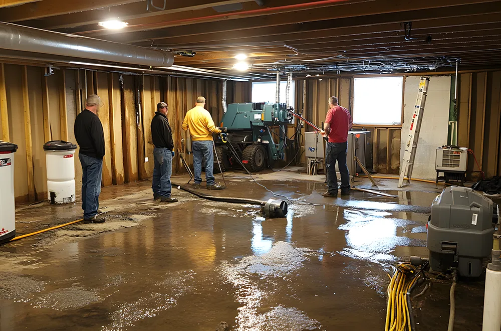 why-us a cleanup crew working on water in a basement after a flood