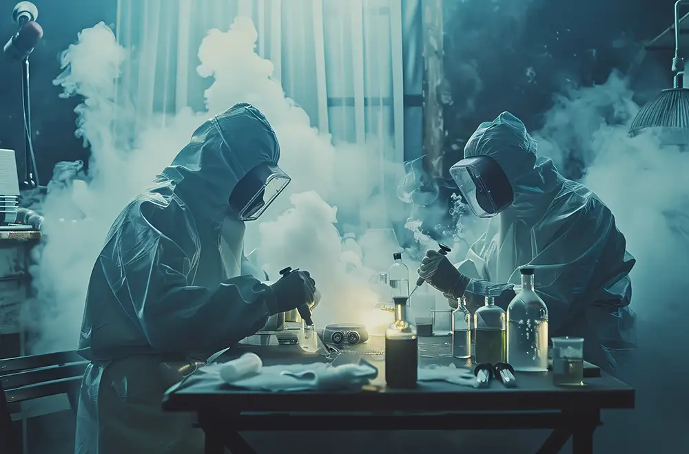 two hazmat workers working in a drug factory