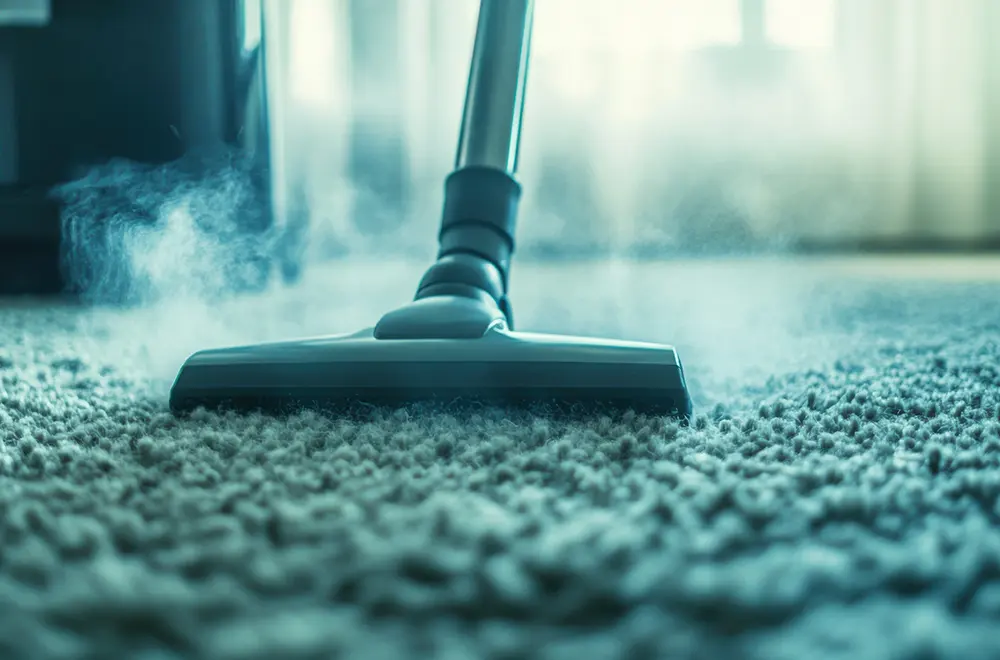 a blue carpet being cleaned with a vacuum head