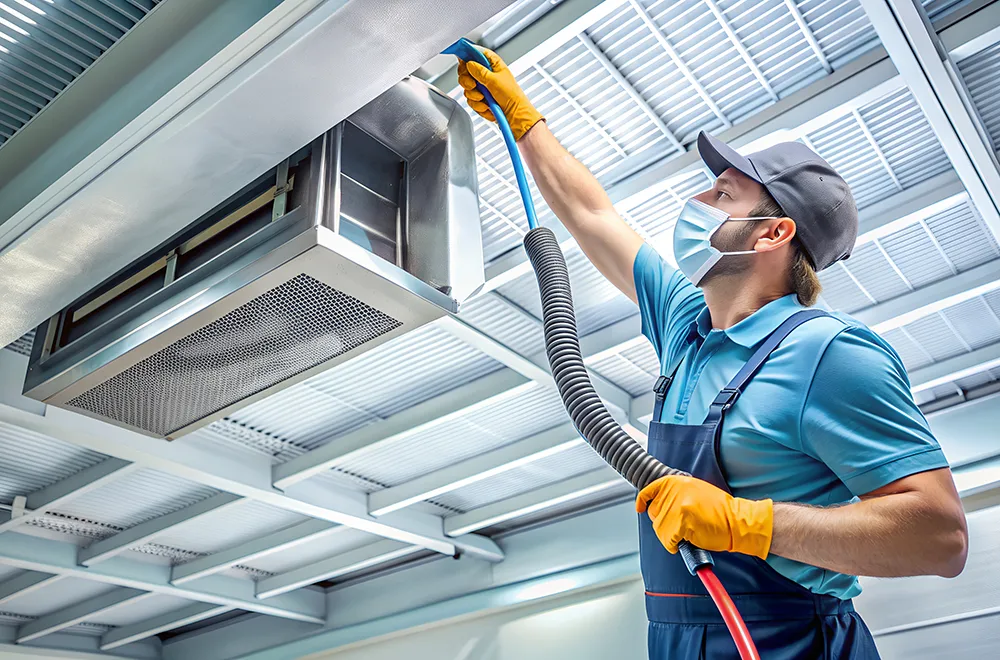commercial-hvac a worker cleaning an hvac unit
