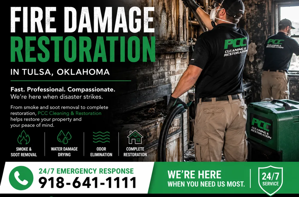 PCC Cleaning & Restoration technicians cleaning soot after a house fire in Tulsa, Oklahoma