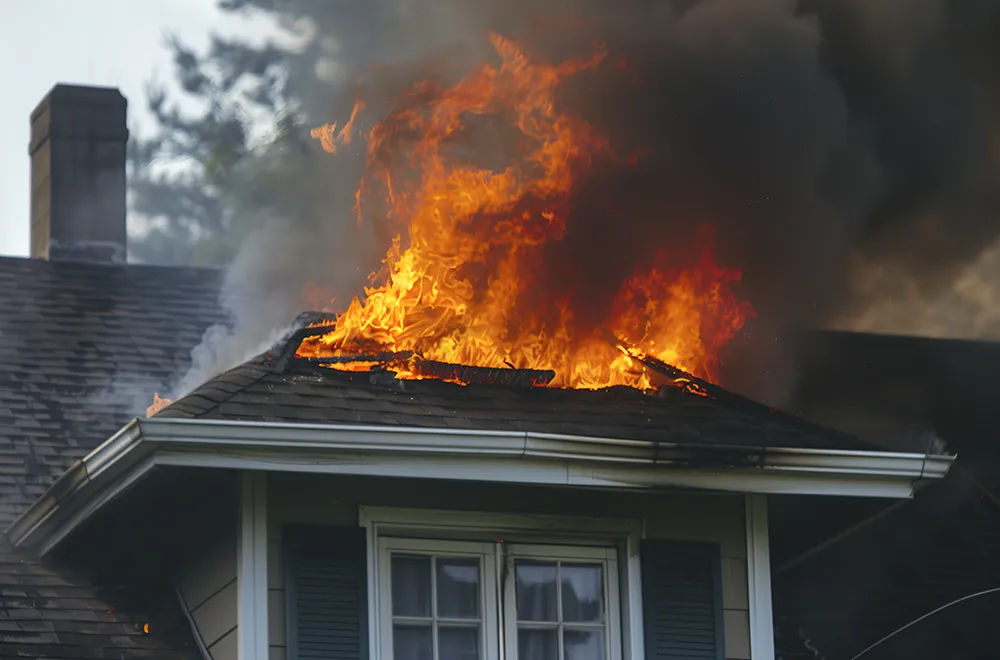 a fire on the roof of a house