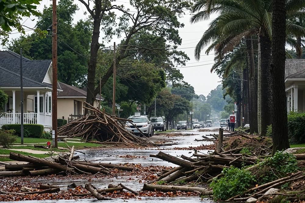 a street filled with debris after a wind storm