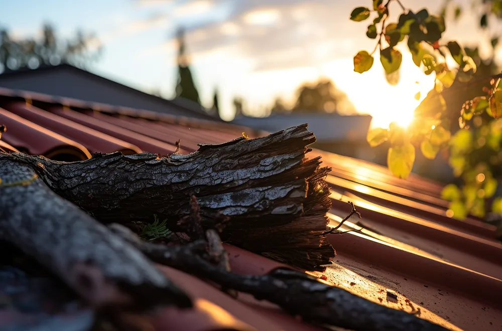 a tree branch on the roof of a house