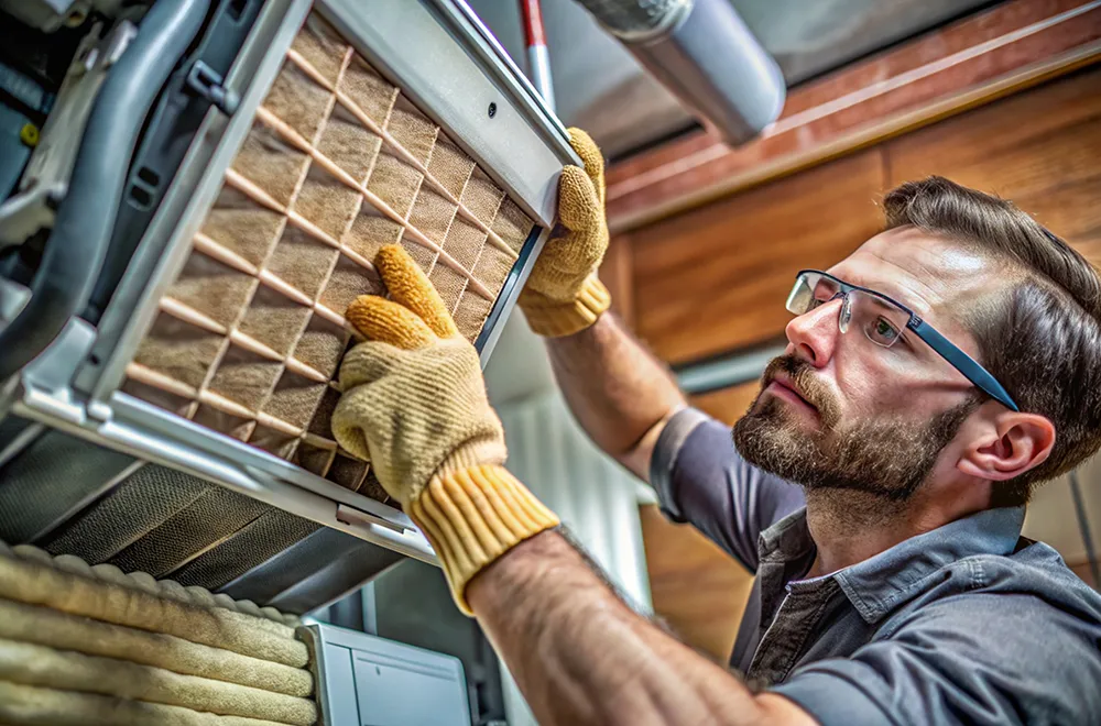 hvac-cleans a worker examining the filter of an hvac unit