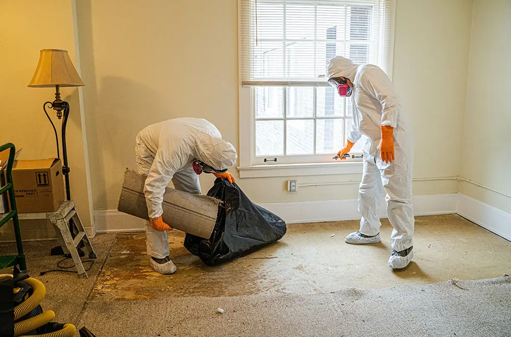 wind-storm-damage two workers in hazmat suits cleaning a house after a wind storm