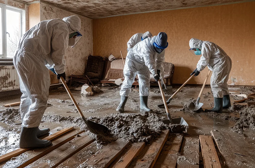 flood-damage cleanup crew cleaning damage due to a flood