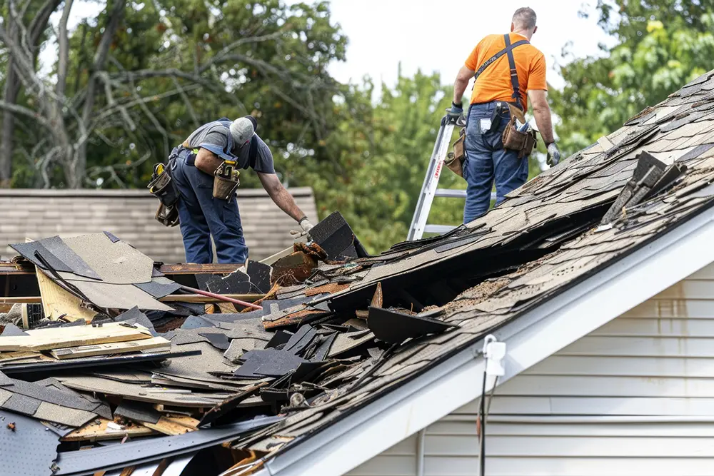 home-restoration-service people on a roof working on roof damages