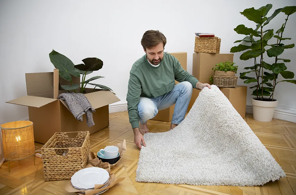 a person looking at his carpet while he is surrounded by moving boxes