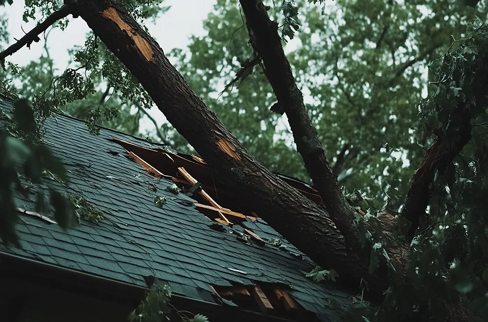 a fallen tree on a damaged house roof