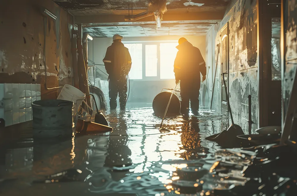 flood-damage-restoration a cleanup crew working on flood damage in a basement