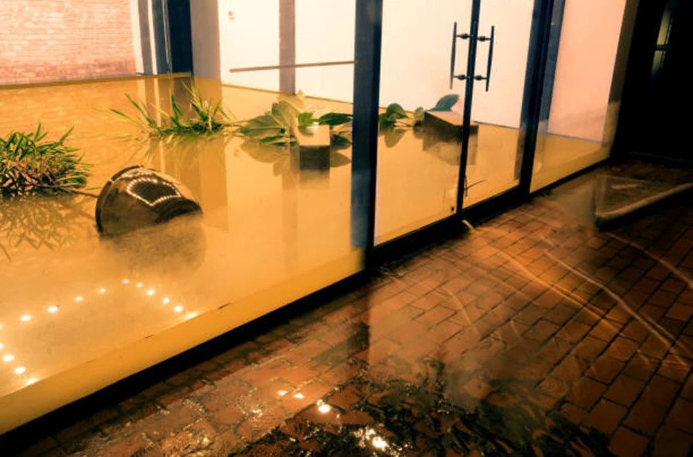 water standing in a room with flower pots laying fallen in the water