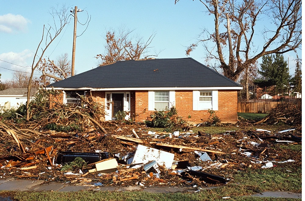a house surrounded by debris after a tornado