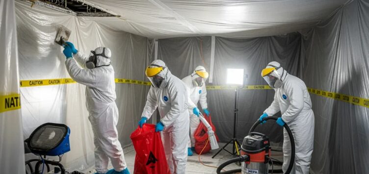 Asbestos abatement technicians in a sealed containment