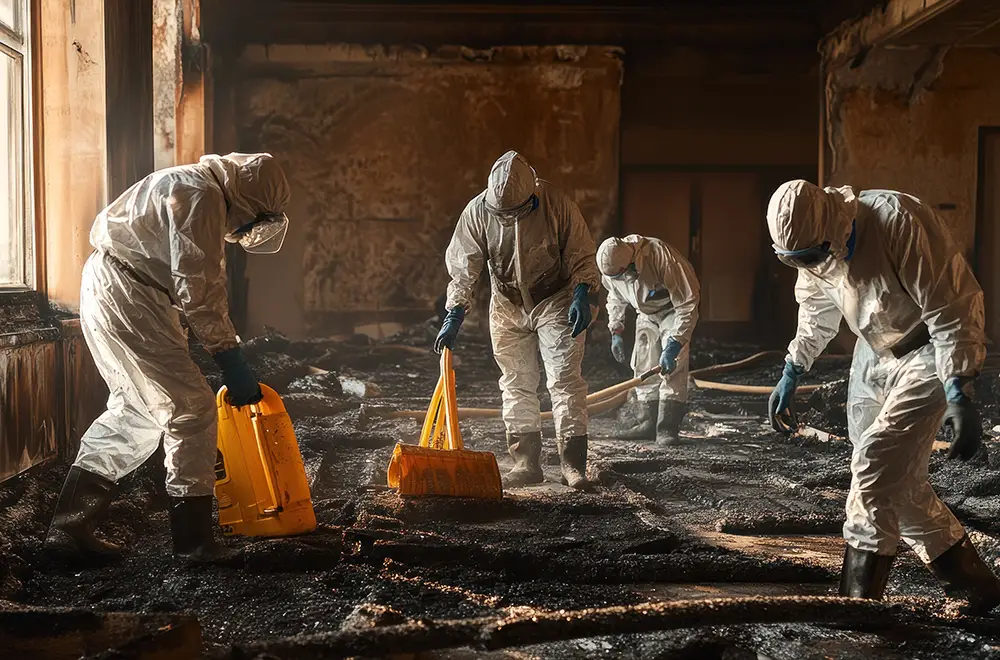 contact-us-fire-damage a team of people removing debris from a burned house