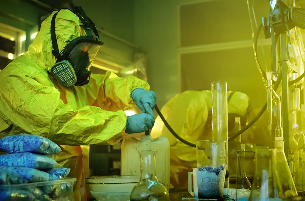 drug-meth-house people in hazmat suits making drugs