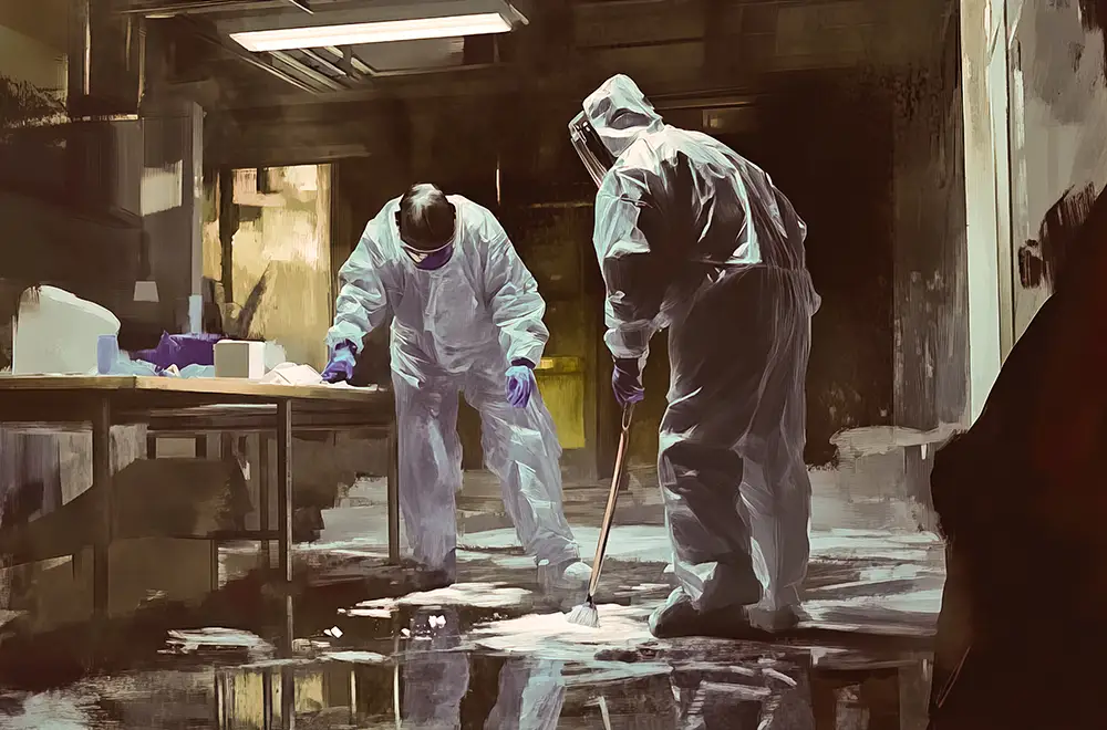 emergency-biohazard workers cleaning biohazard waste