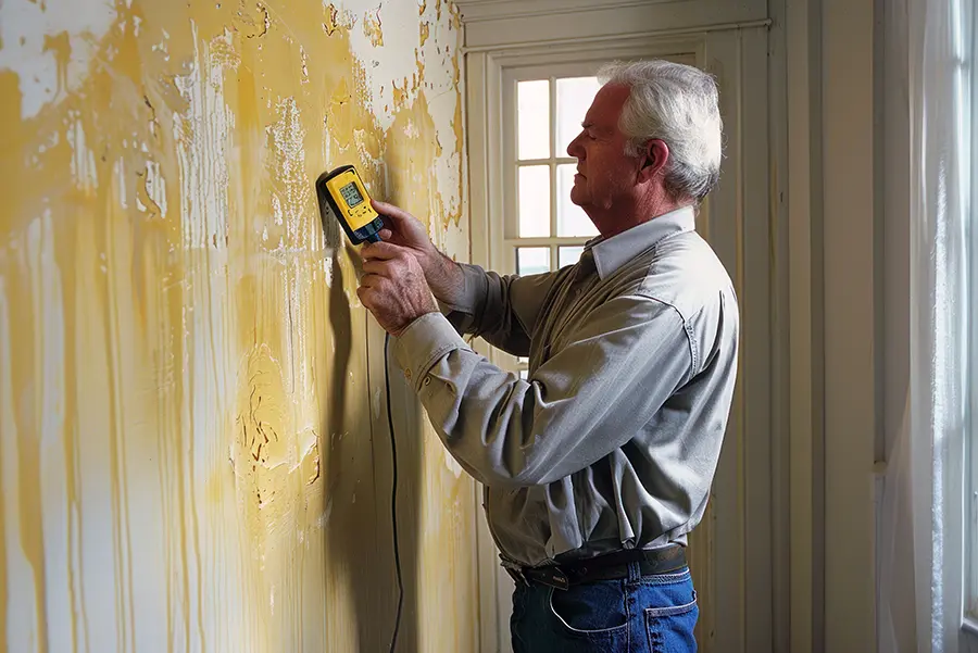 man measuring moisture readings in a wall