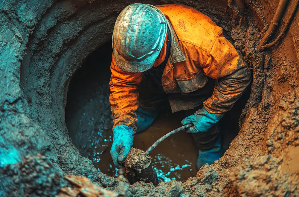 sewage-backup worker cleaning a sewage