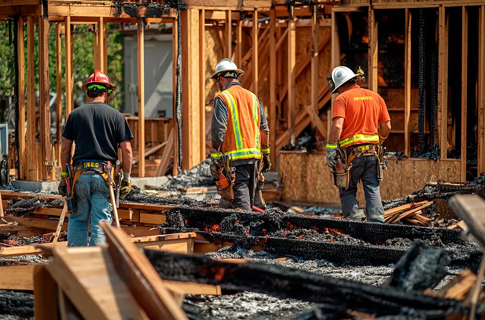 3 workers walking through a burnt building