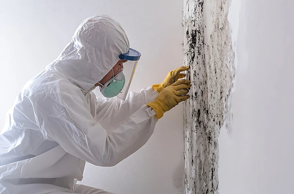 expert inspecting mold on the wall