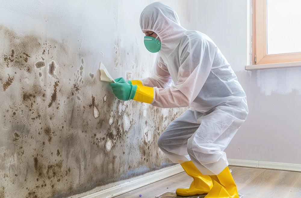 man cleaning the mold off of the wall