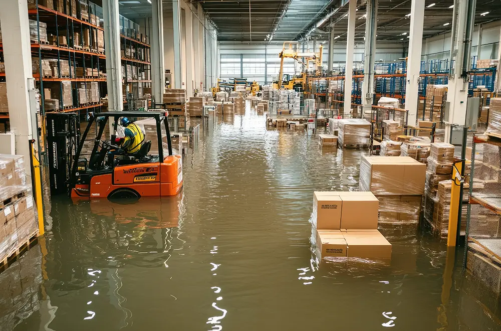 a flooded warehouse