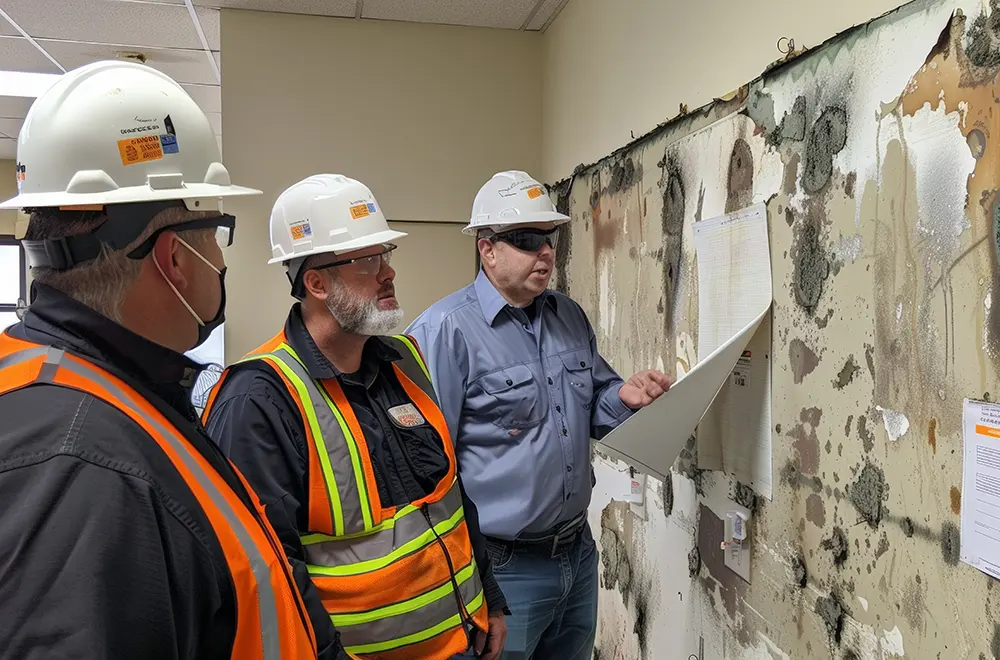 employees inspecting mold growing on the wall