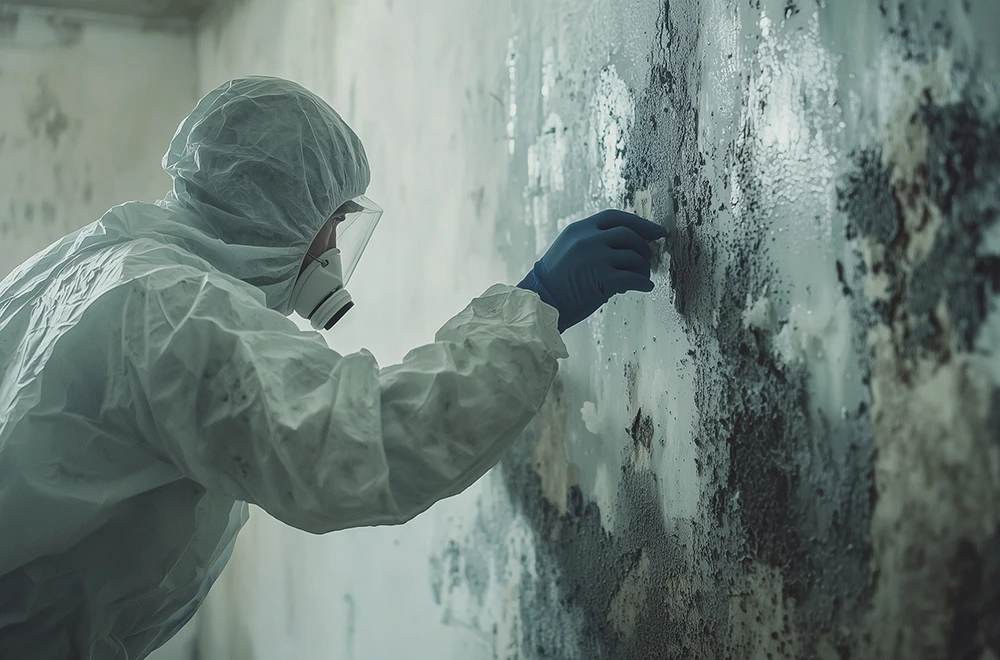 man inspecting mold on the wall