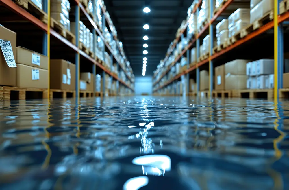 a flooded warehouse
