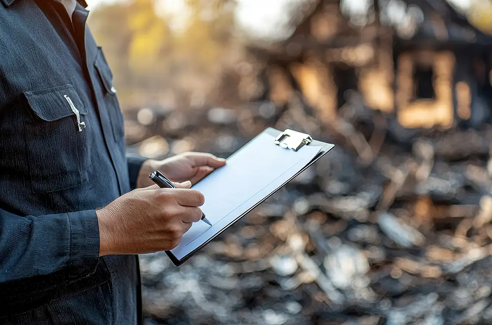 a man inspecting a fire damaged house