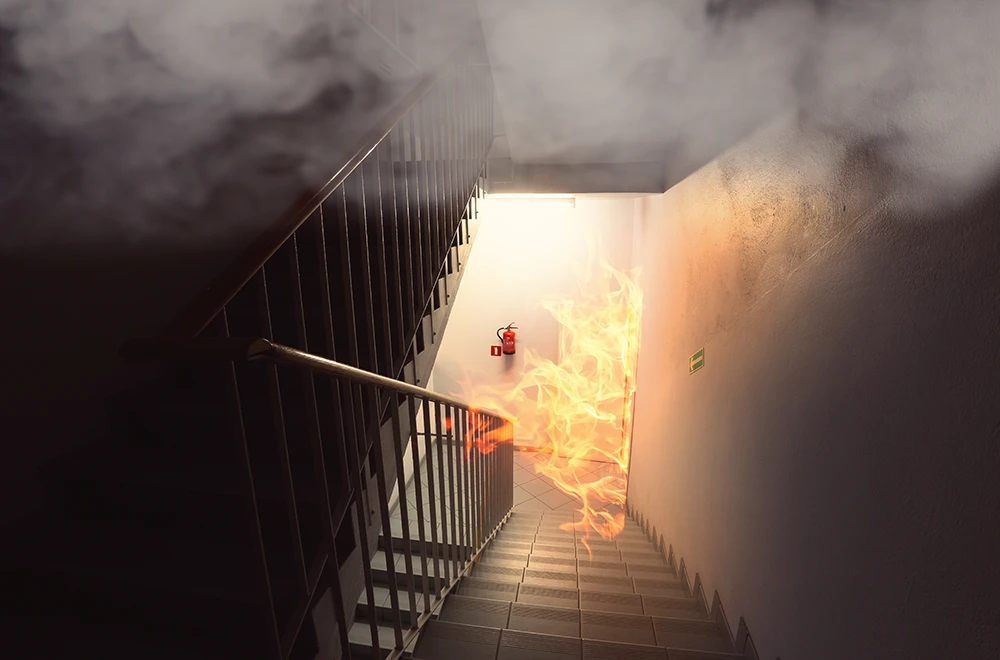 smoke rising up the stairs in a building