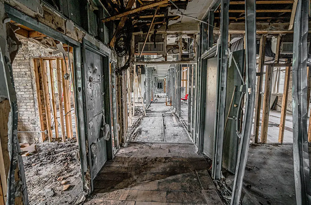 insides of a building damaged by fire