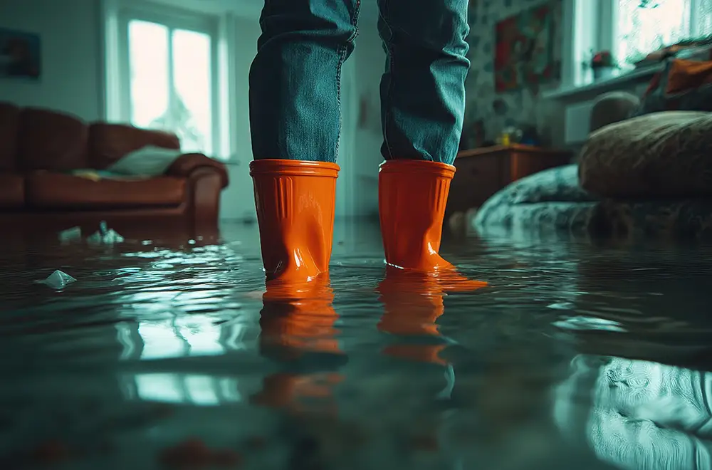man standing in a water flooded house