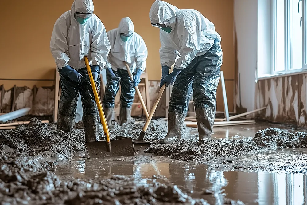 a cleanup crew in a flooded home