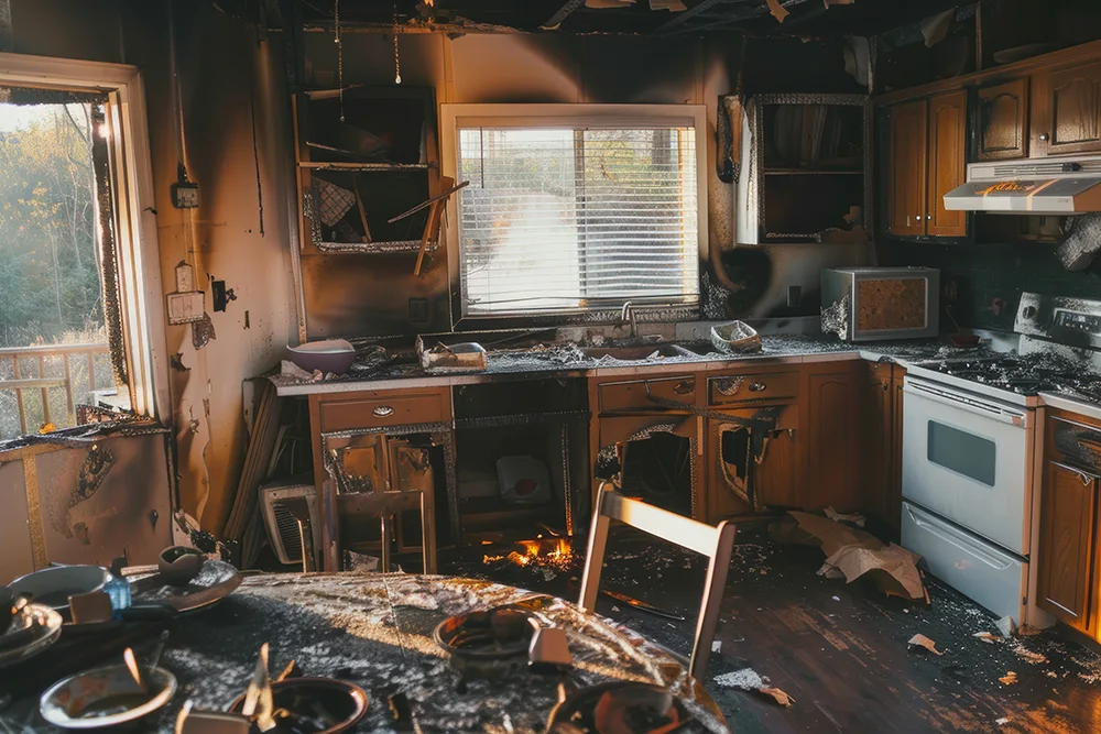 a kitchen burnt from a house fire