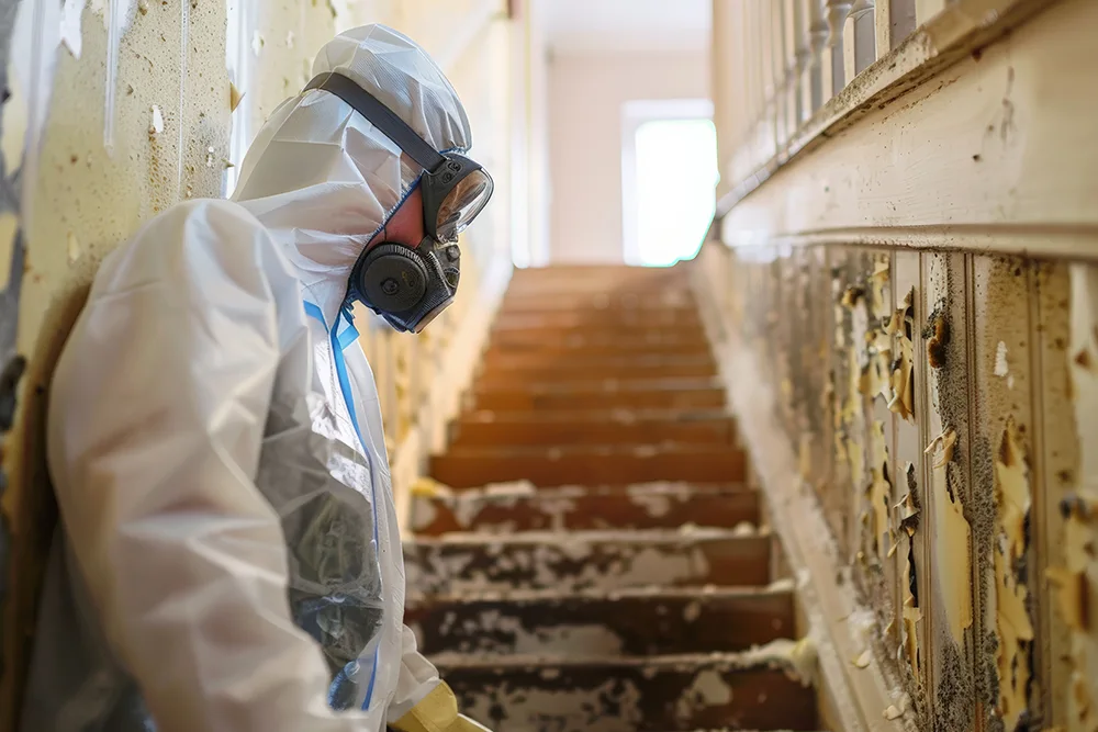 a worker working on mold in a house