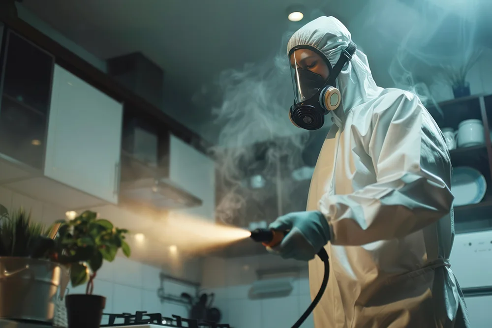 a odor removal worker using a steam gun