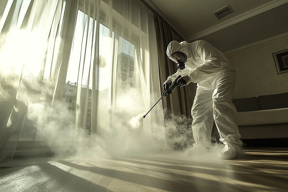 a odor removal crew removing scent from a room with a fog gun