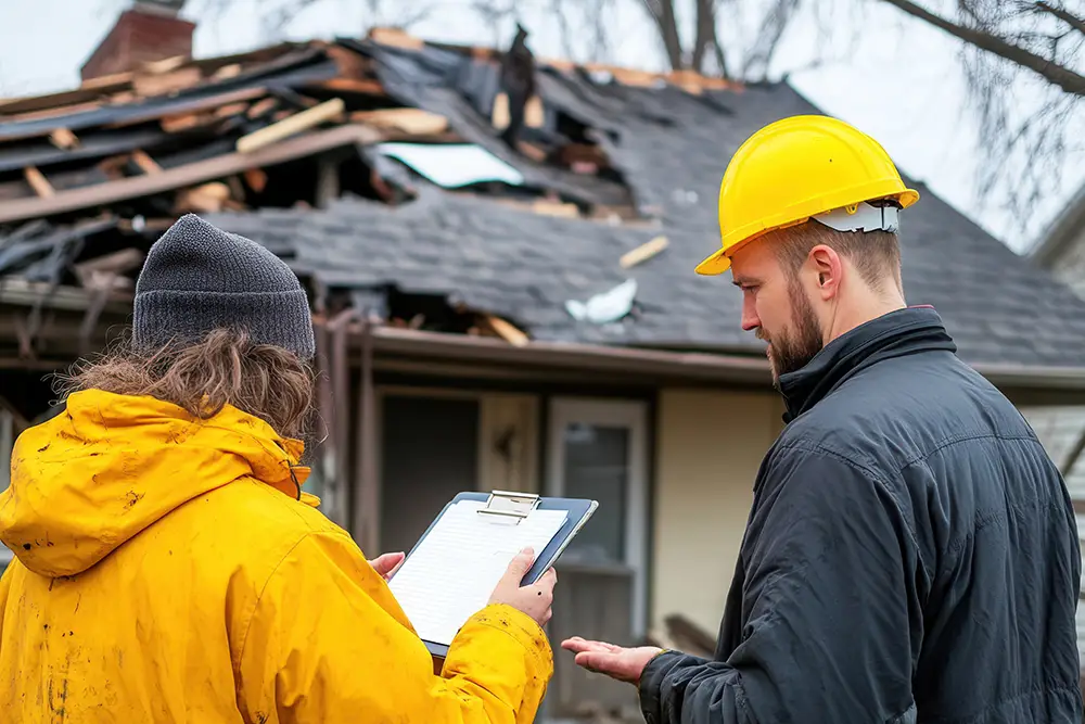 workers inspecting the damage of a roof
