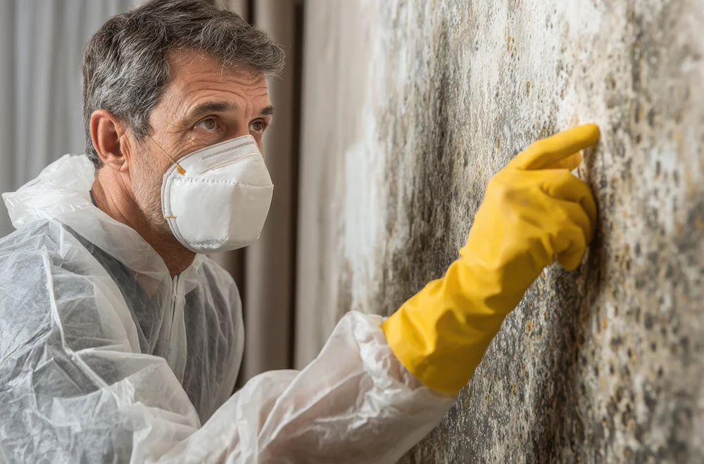 resident-mold-services a man inspecting mold growing on the wall